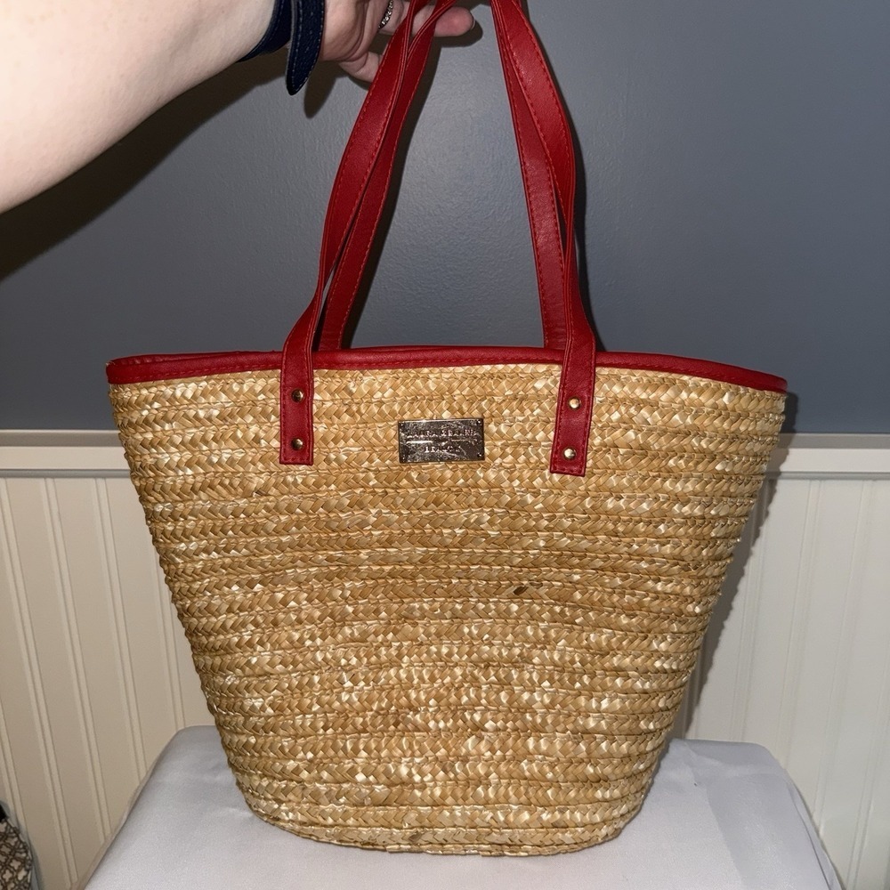 Laura Geller Beauty Beach Bag Tote Rattan Woven Wicker Picnic Straw Tan Red